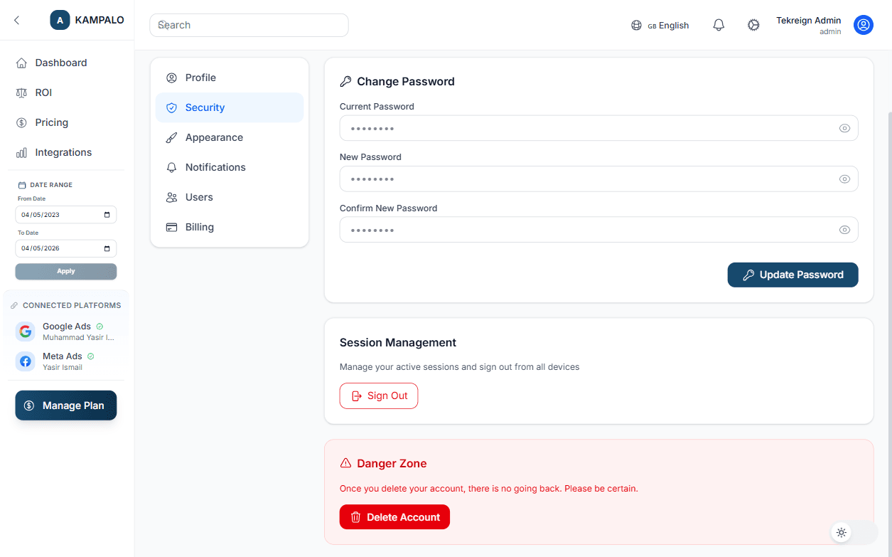 KAMPALO Settings Security page showing Danger Zone and Delete account