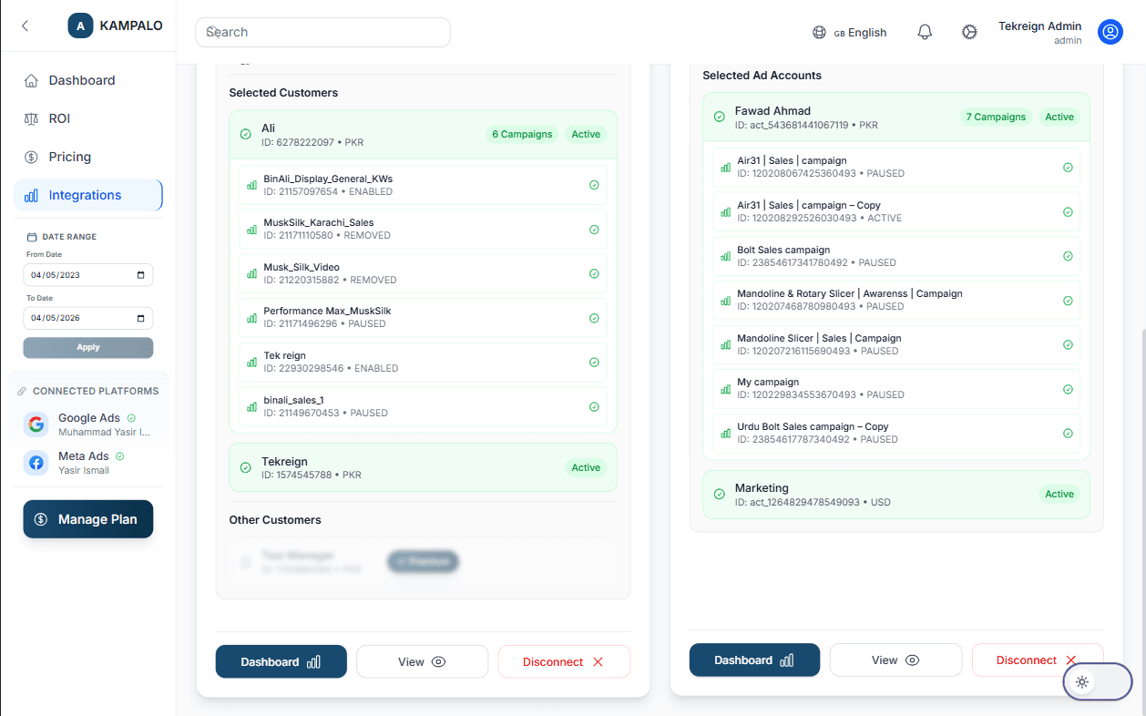 KAMPALO Integrations page showing Disconnect on an integration card